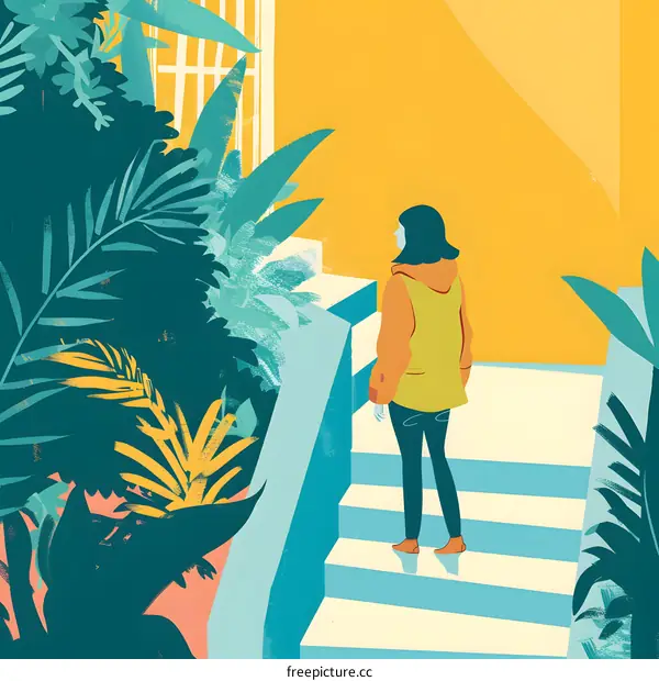 Woman Standing on Stairs with Plants in Background