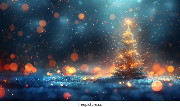 Christmas tree with glowing lights and falling snow