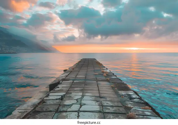 Stone Pier Extending Into The Sea At Sunset