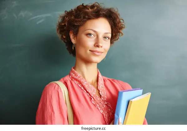 Teacher Holding Books in Front of Chalkboard