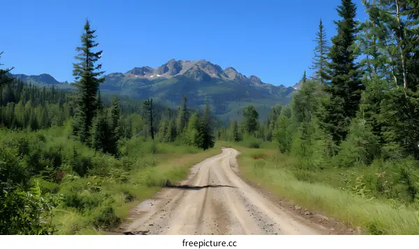 A dirt road through a lush green forest with a snow-capped mountain in the distance