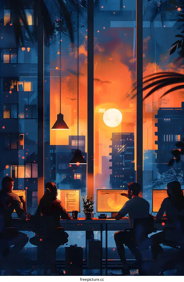 people working in a high rise office building at night