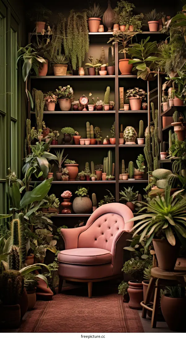 Pink tufted armchair in front of a wall of potted plants