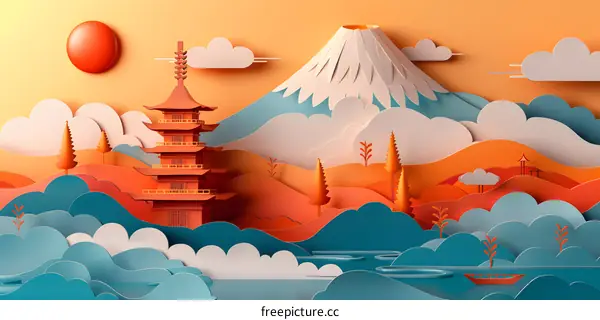 paper cut illustration of a pagoda and mount fuji