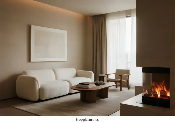 Minimalist living room with modern sofa and fireplace