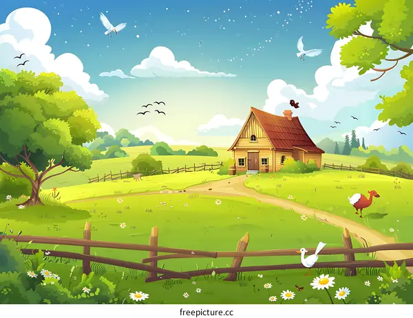 Cartoon Farm House With Green Grass and Blue Sky