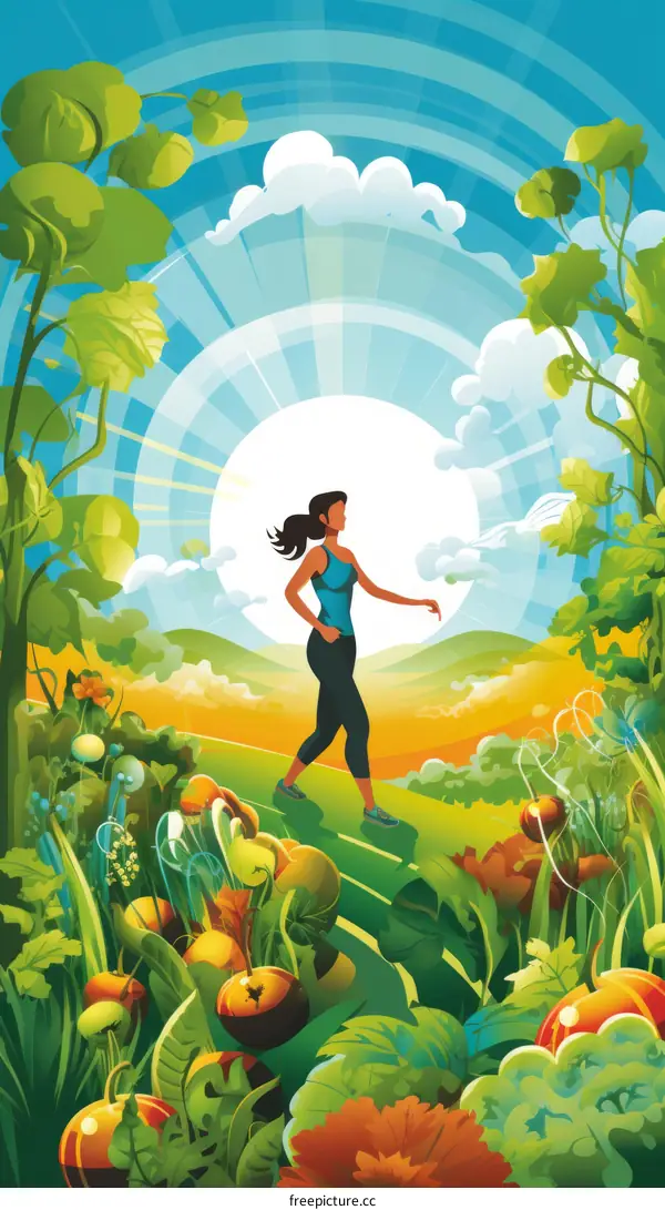 Woman Walking in a Lush Green Field of Vegetables