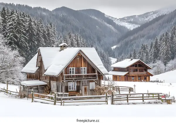 Wooden Cabin Covered in Snow in Winter Mountains
