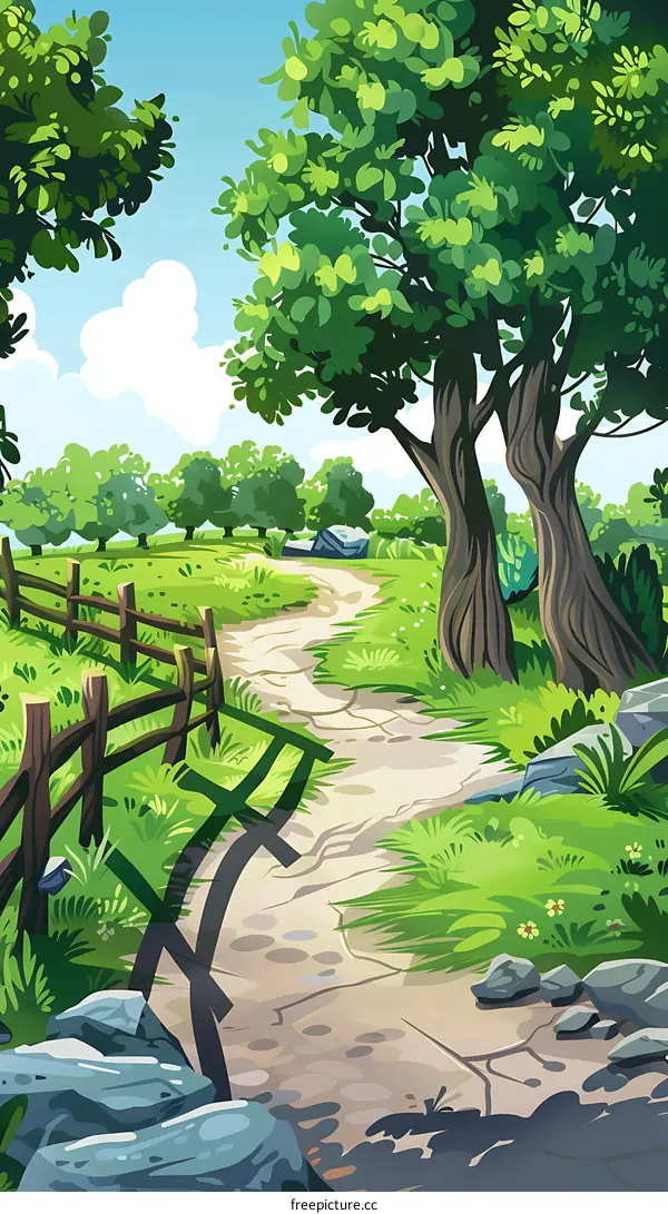 Green Forest Path with Wooden Fence Illustration