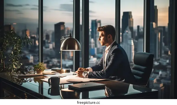Businessman looking out at the city from his office window