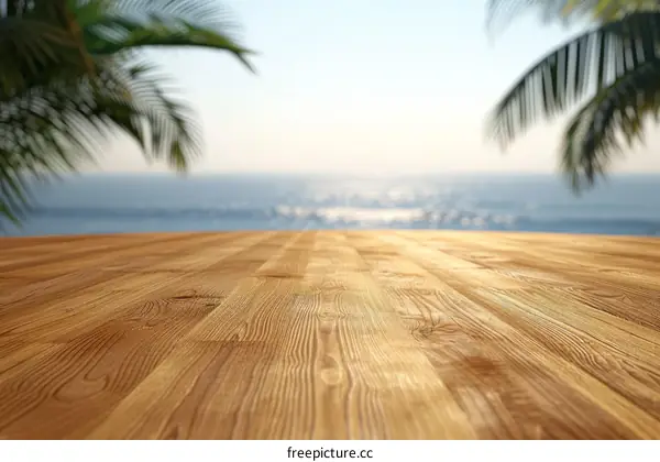 An empty wooden table with palm trees and the ocean in the background