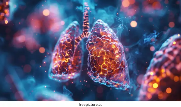 3D Illustration of Human Lungs with Glowing Particles