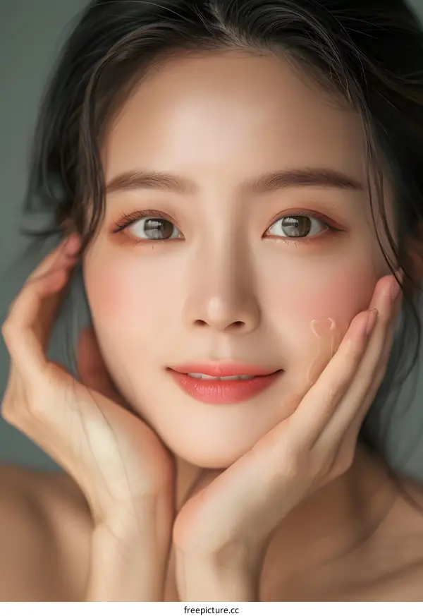 Beautiful Asian Woman With Makeup and Skincare Product on Her Face