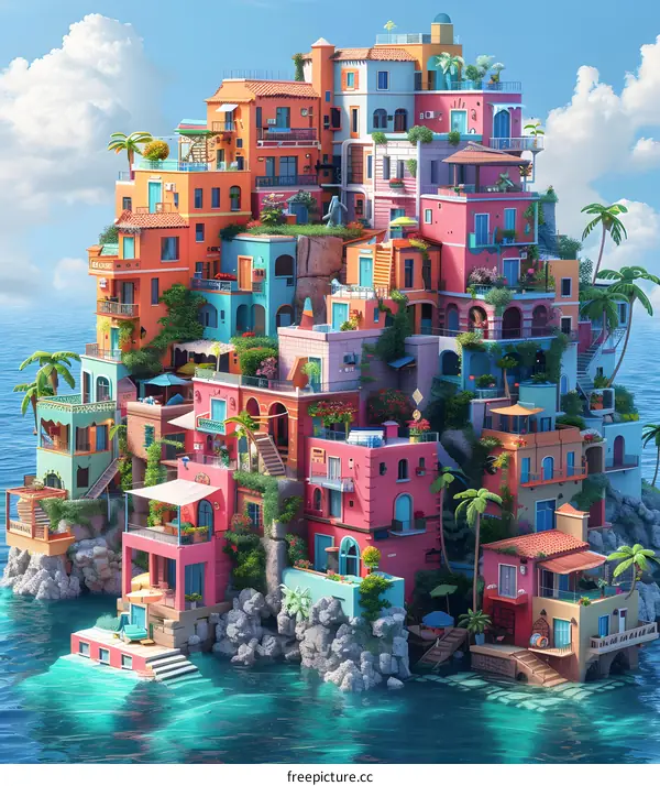 Colorful houses on a rocky island in the middle of the ocean
