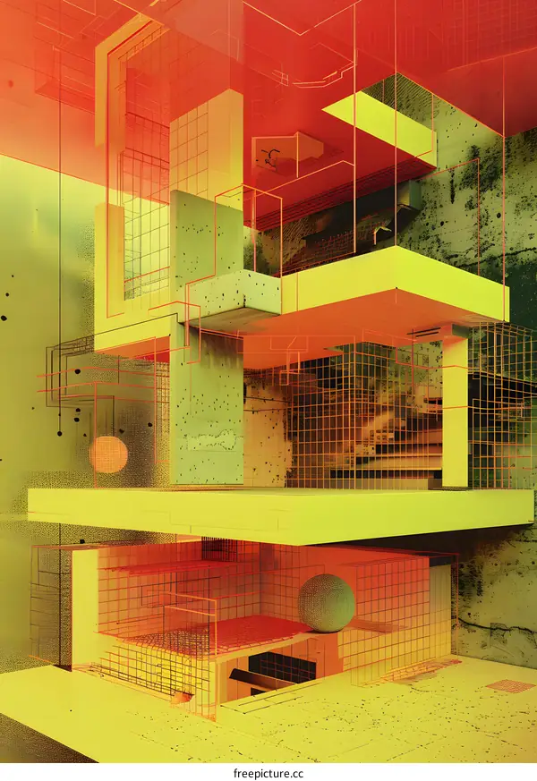 Abstract Architecture Yellow and Red Geometric Shapes Illustration