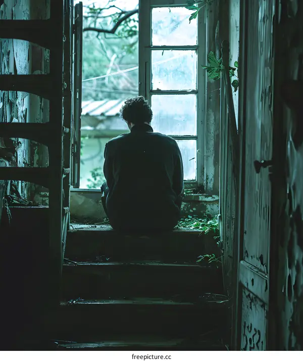 A Solitary Figure Sits on the Stairs of an Abandoned Building