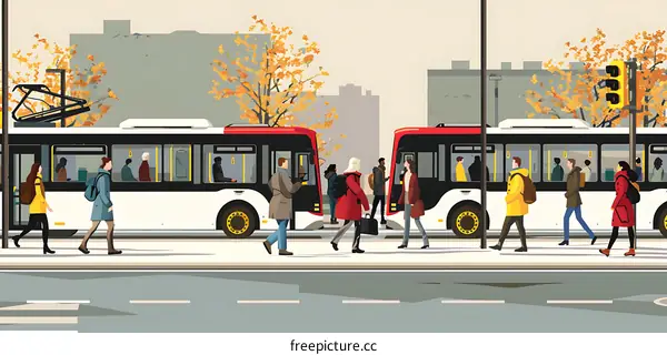 People Waiting for the Bus in a City Street Illustration