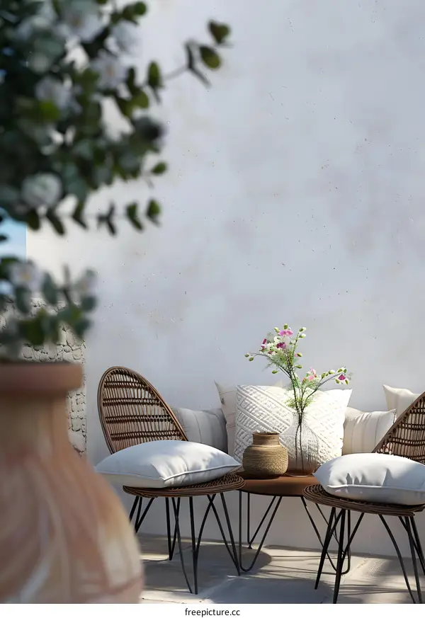 White Wall with Rattan Chairs and Flowers