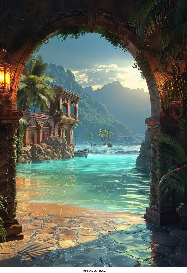 Fantasy Tropical Island with Blue Lagoon and Majestic Mountains