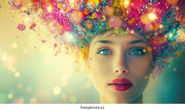 Portrait of a woman with colorful powder explosion on her head