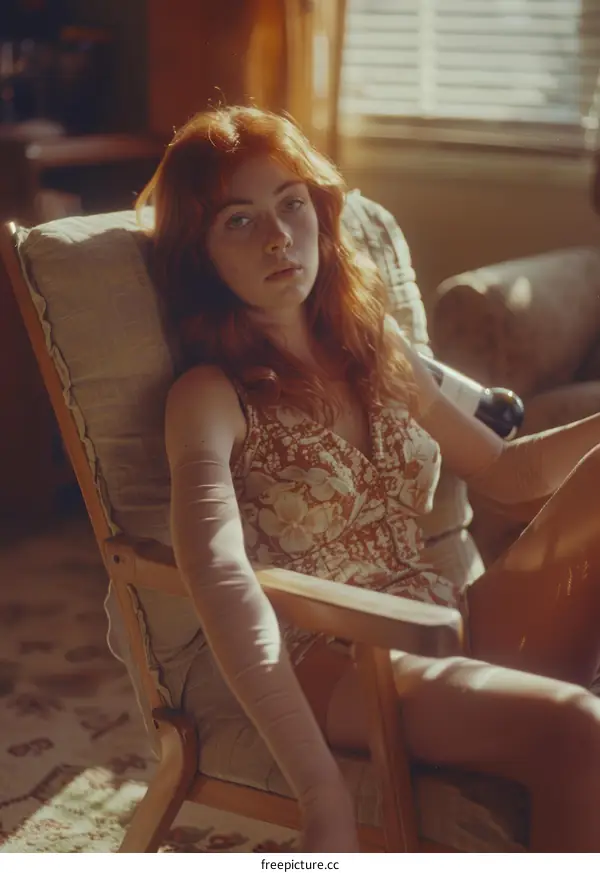 A Woman in a Wooden Chair with Warm Sunlight
