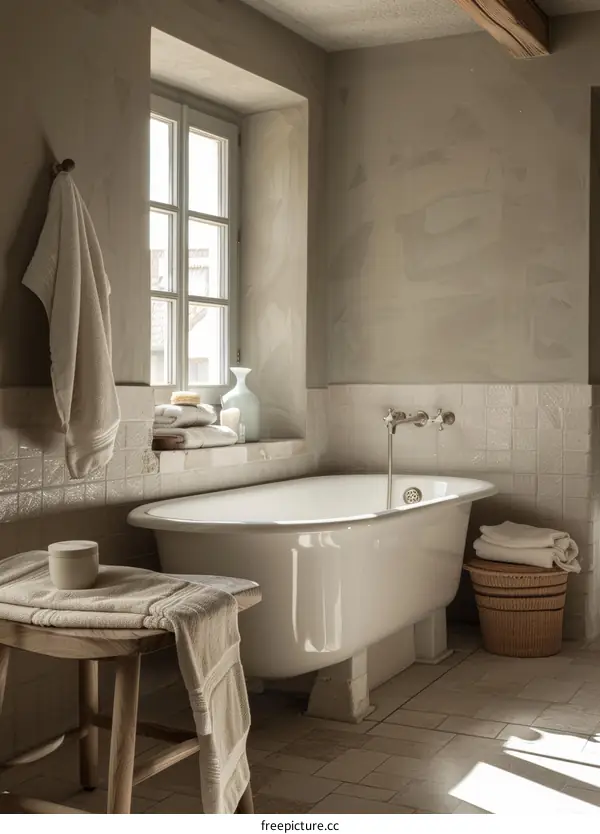 Modern Bathroom Interior Design With White Bathtub and Wooden Stool