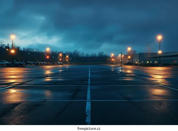 Night view of an empty parking lot with street lights on