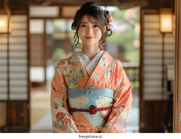 A beautiful Japanese woman wearing a kimono is smiling.