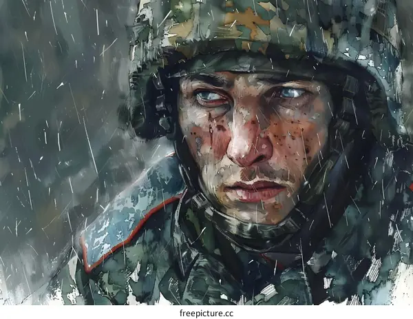 Portrait of a soldier in a green and brown camouflage uniform, wearing a helmet and looking down with a sad expression on his face