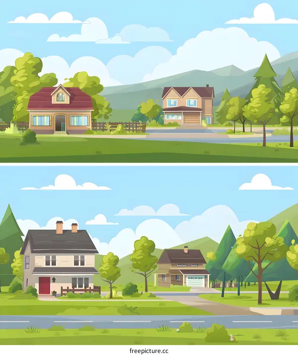 Cartoon Suburban Neighborhood Houses Landscape