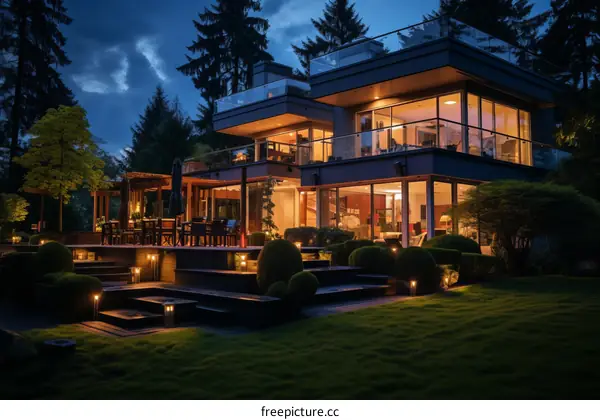 A luxurious house with a beautiful garden and a stunning view