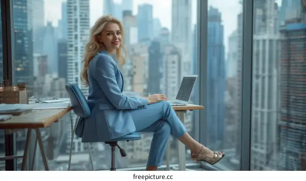 Confident Blonde Business Woman Sitting At Desk In Modern Office Using Laptop And Looking At Camera