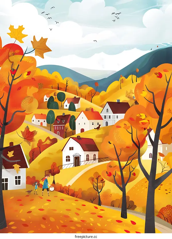 Autumn Village Landscape with Two People
