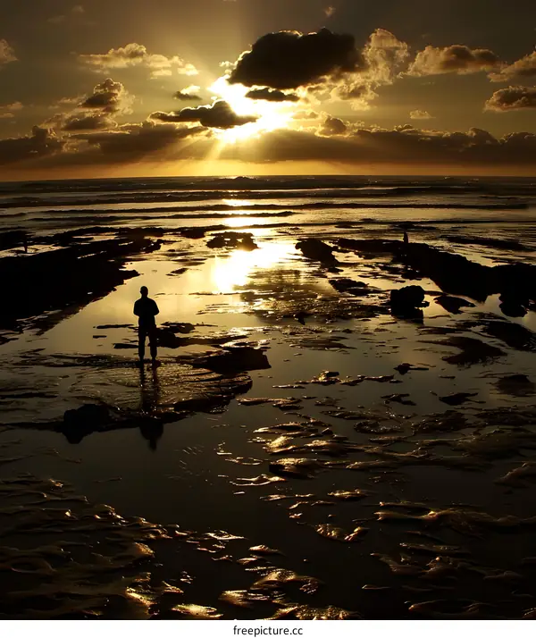 Silhouette of a Man Standing on the Beach at Sunset