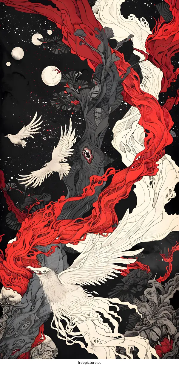 Abstract Art Illustration with Red White and Black Colors and Birds