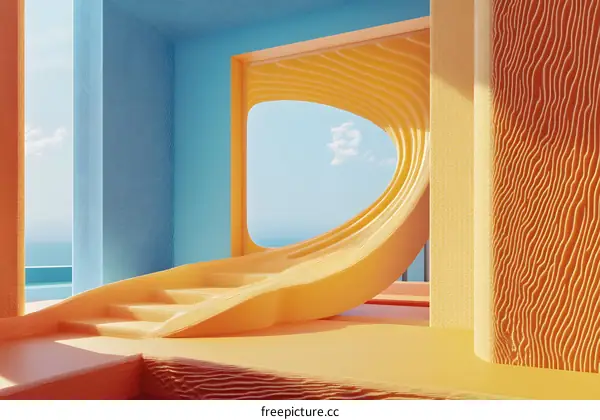 Abstract Architecture with a Curved Staircase and Ocean View