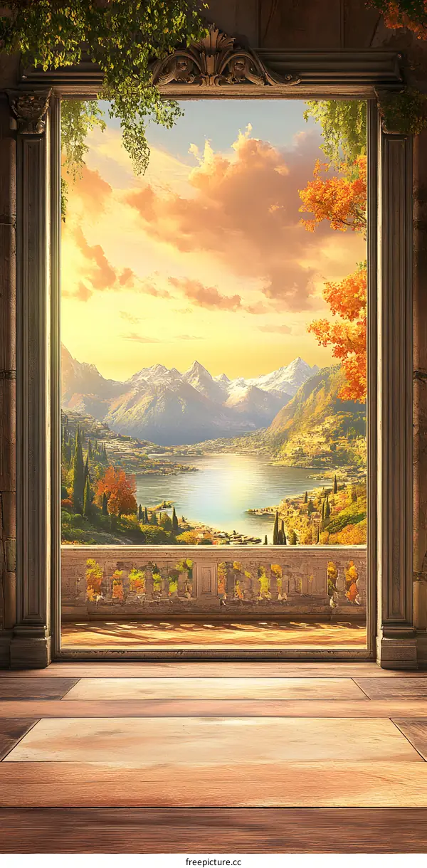 Scenic View Through a Window with Stone Frame