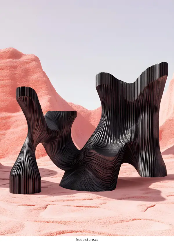 Abstract Black Metal Sculpture in Desert Landscape