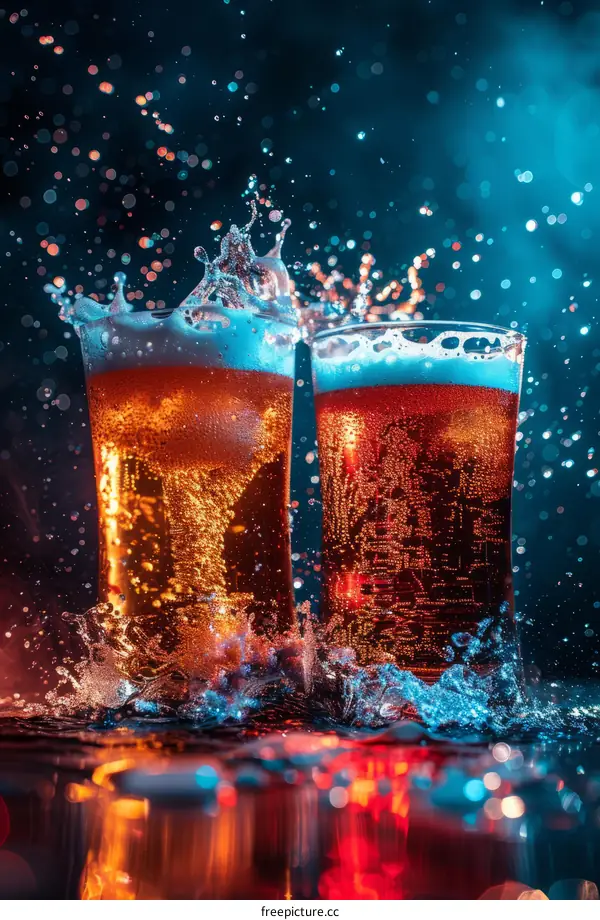 Beer glasses with splashing beer