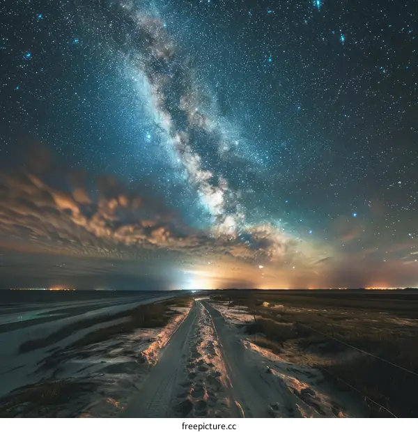 Country road under a starry night sky