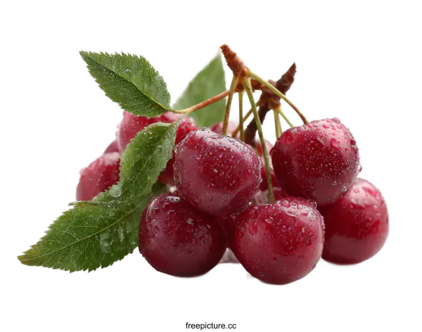 [Transparent Background PNG]Fresh Cherries with Water Droplets and Leaves