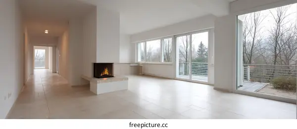 Modern Empty Living Room with Fireplace and Large Windows