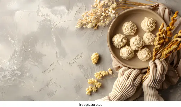 White Cookies on Plate with Dried Flowers and Beige Gloves