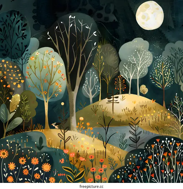 Night Forest Illustration with Moon and Flowers
