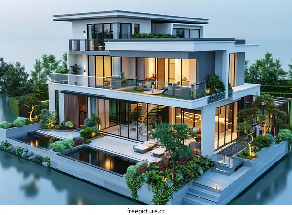 A villa with a modern design by the lakeside