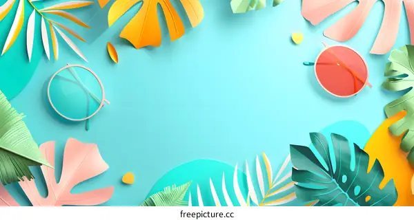 Tropical Summer Background with Paper Leaves and Sunglasses