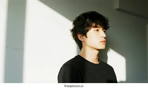 A young man standing in a well-lit room with short dark hair