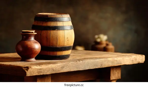 Vintage Wooden Barrel and Jar on Rustic Table