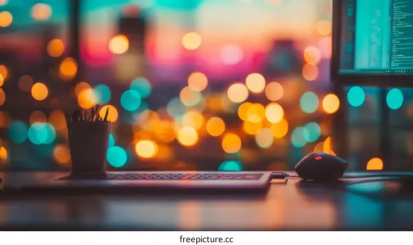 Night Cityscape Workspace Desk Focus