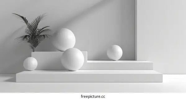 Minimalist 3D Rendering: White Podium with Palm Tree and Spheres